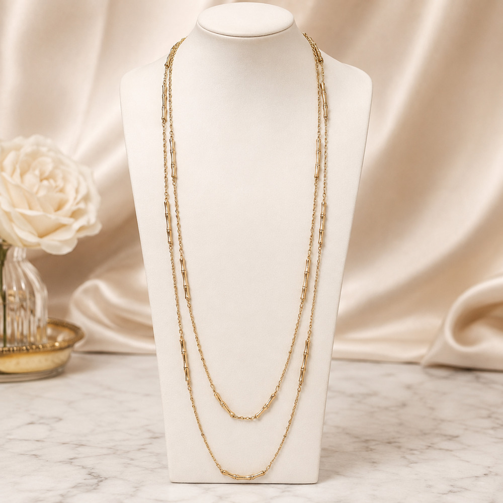 Vintage Napier Basic Bamboo Necklace 62” Francis Fujio 1970s Gold Tone Flapper